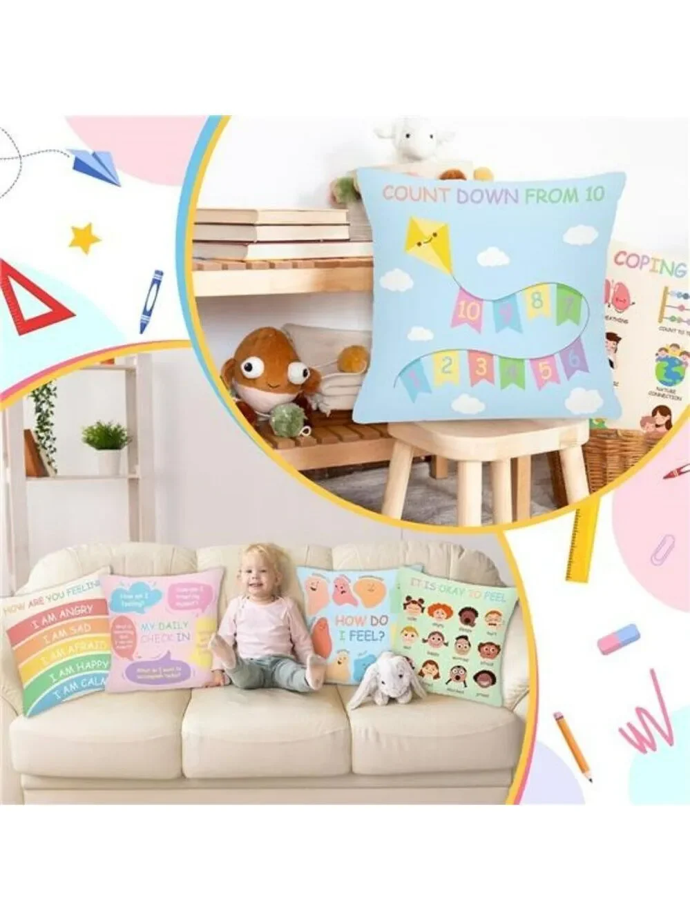 Calming Corner Pillow Covers Set of 4 Kids Room Classroom Counseling Decor Cushi
